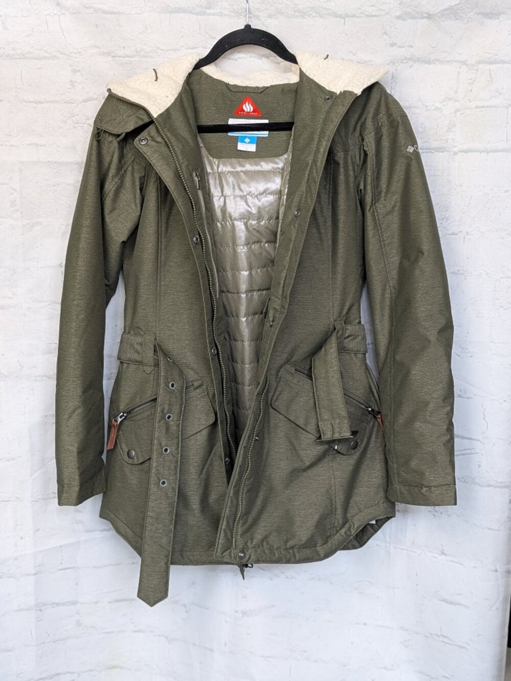 Columbia Omni-Heat Belted Winter Jacket with Faux Fur Hood Size Small Moss Green - Picture 3 of 9